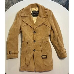 VTG Sears The Country Coat Tan Corduroy Belted Trench Coat 38R Distress Grunge